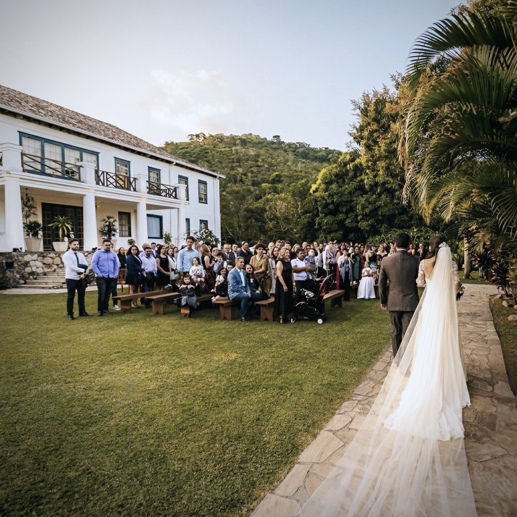 Sunset wedding ceremony on the lawn at Casarão Penedo with historic facade in the background