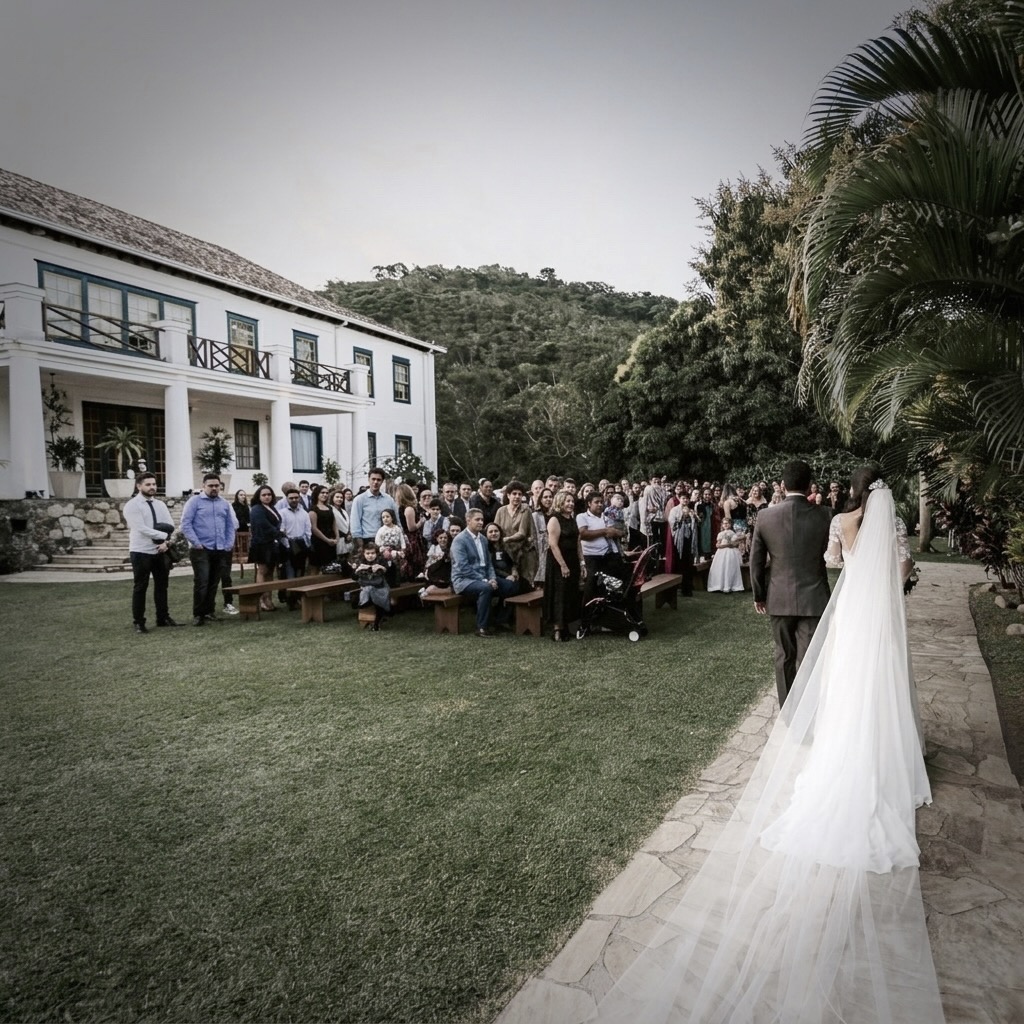 Outdoor wedding ceremony on the lawn of Casarão Penedo at sunset
